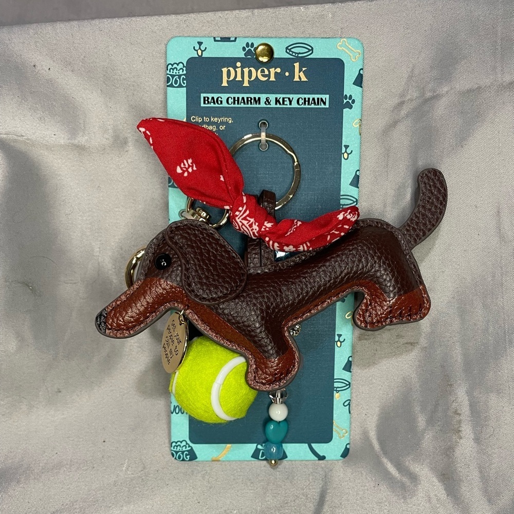 NWT Piper K Dog Dachshund Bag Charm with Red Bandana and Tennis Ball